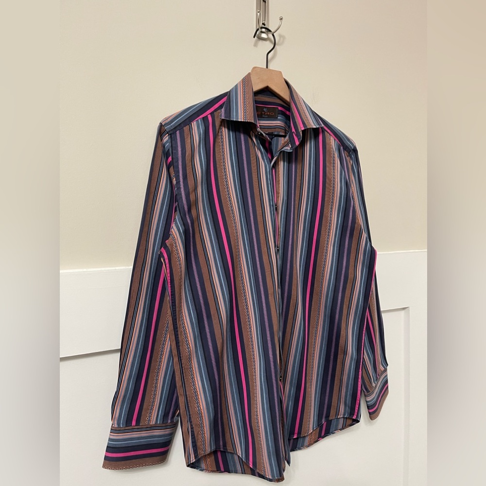 Etro Milano Multi-Color Stripe Luxury Unique Shirt Italy Size 39 - Picture 4 of 7
